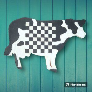 Wood Checkerboard Cow Handpainted Folk Art Wall Hanging Plaque Heavy Farmhouse